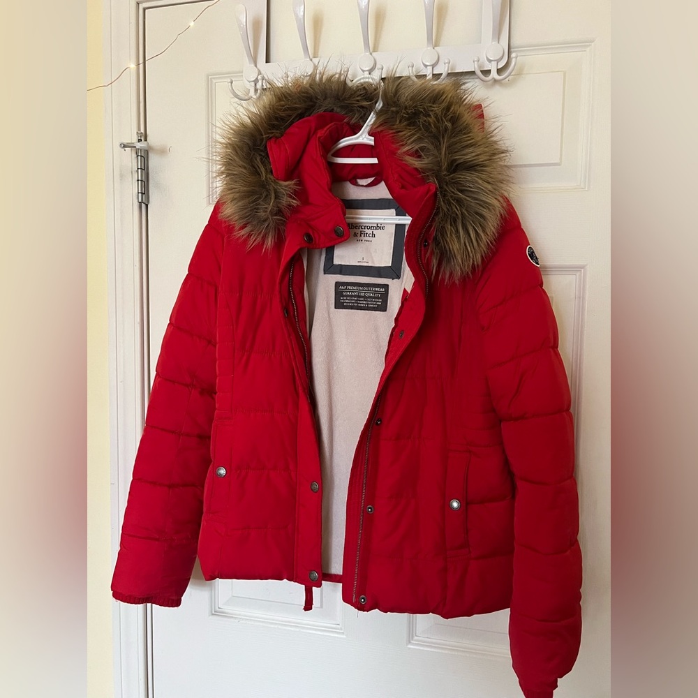 Y2K Red Abercrombie and fitch fur hooded jacket